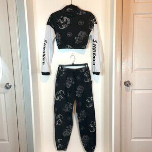 Women’s Black Ribbed Two-Piece Dragon Detail Lounge Set – Size Small